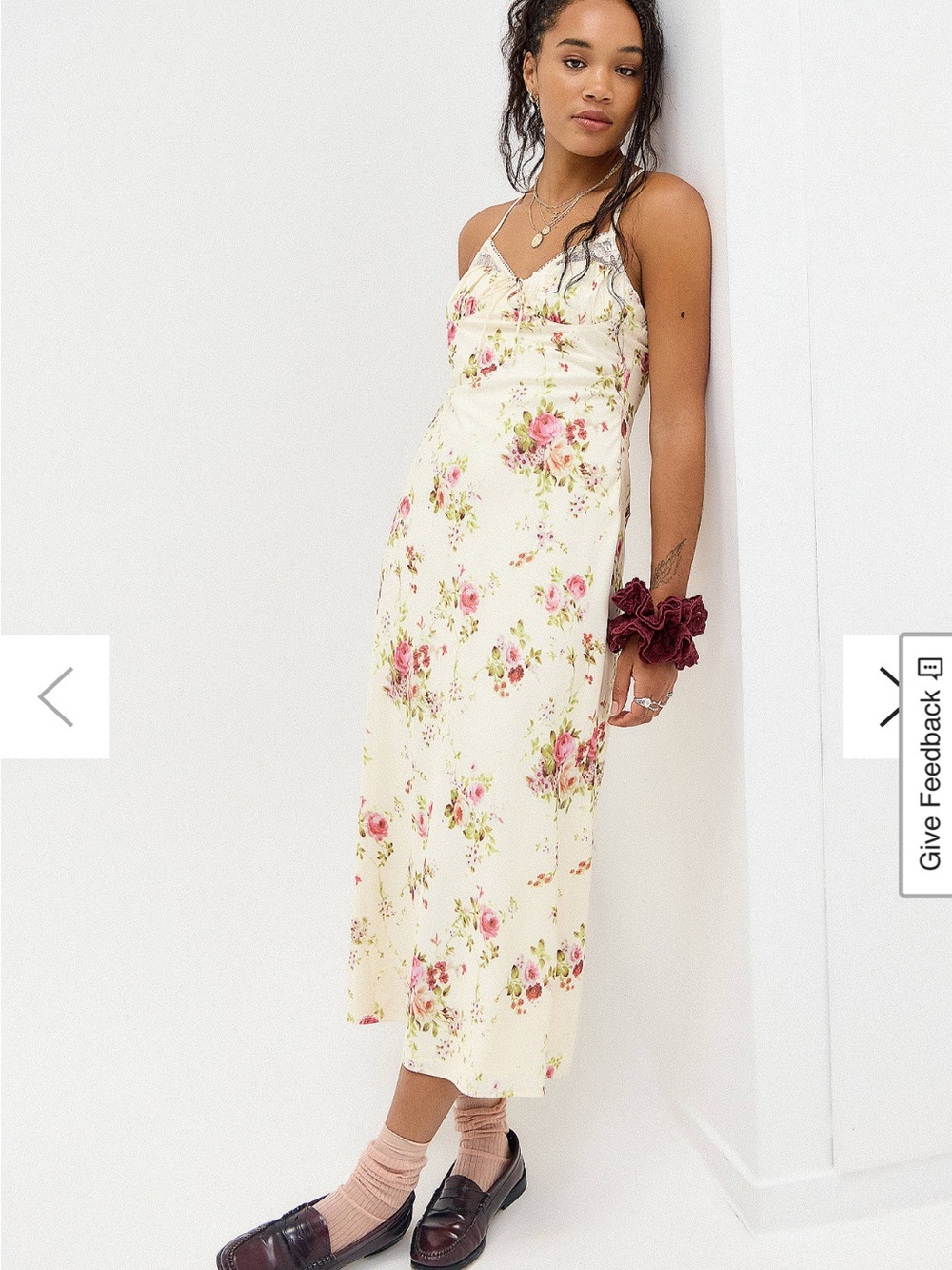 Floral Slip Midi Dress in Cream with Pink Roses